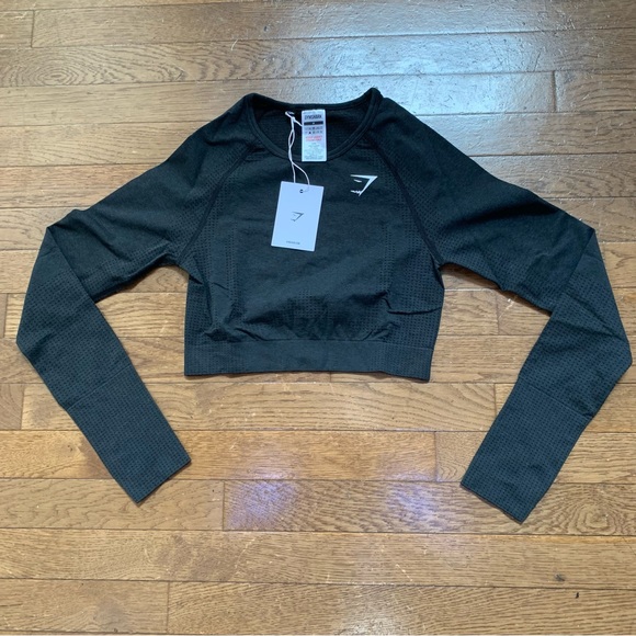Gymshark Womens Vital Seamless 2.0 Long Sleeve Crop Top | M | Black Marl NEW!! - Picture 2 of 13